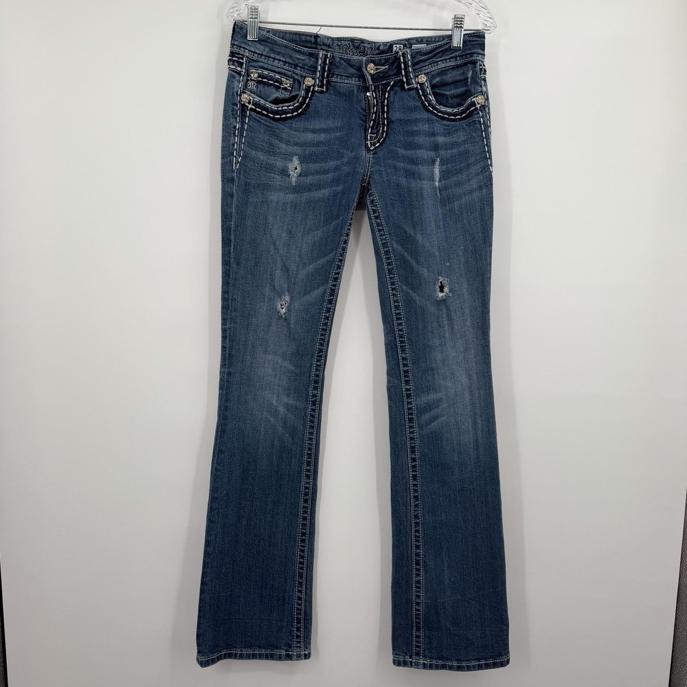 Miss Me Jeans Womens 28 Long Blue Bootcut Distressed Rhinestone Low Rise